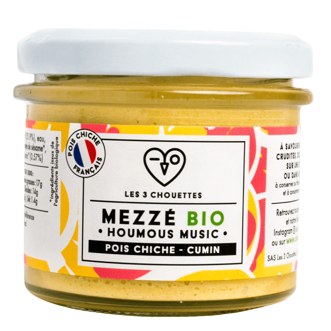 Acheter LES 3 CHOUETTES - MEZZÉ BIO HOUMOUS MUSIC POIS-CHICHE SÉSAME CITRON  CUMIN 100 GRAMS