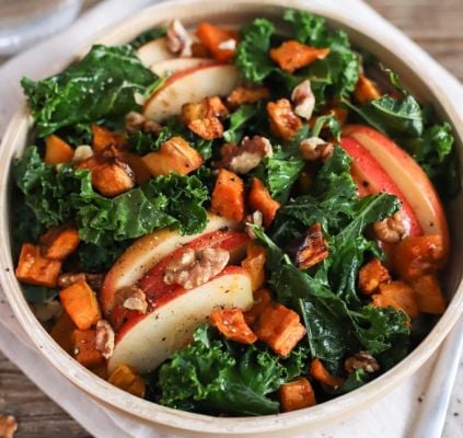 Kale salad with sweet potato, apple and walnuts